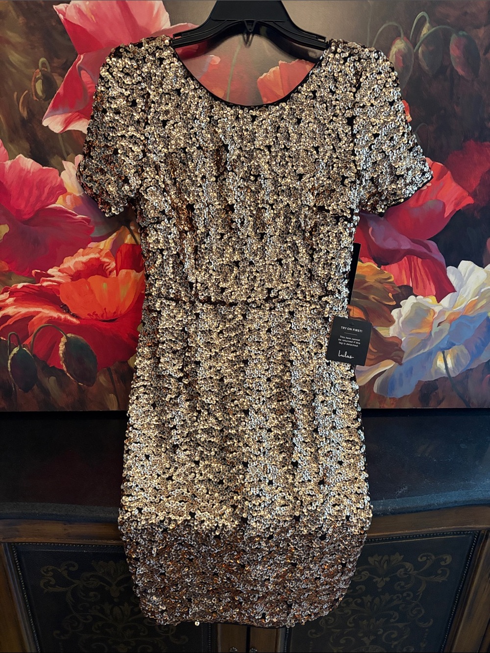 NWT Lulu's Rose Gold Sequin Short Sleeve scoop Neck Dress